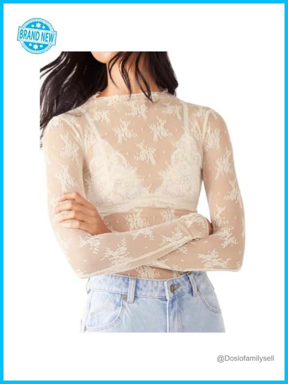 Women's Sheer Mesh Lace Long Sleeve Mock Neck Layering Top